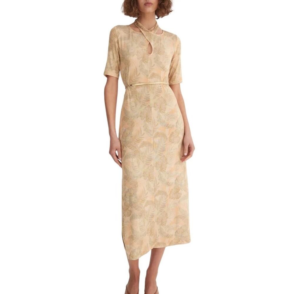 Hansen & Gretel Priya Palm Tree Yellow Halter Neck 3/4 Sleeve Slim Midi Dress